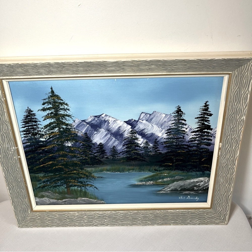 Vintage original oil painting. Mountains. Trees. Landscape. Pat Grandy